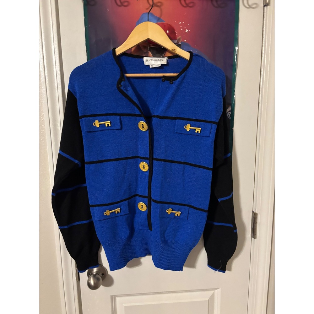 Rich and Levy Blue Black Key Pocket Button Up Cardigan Sweater Womens S 80s